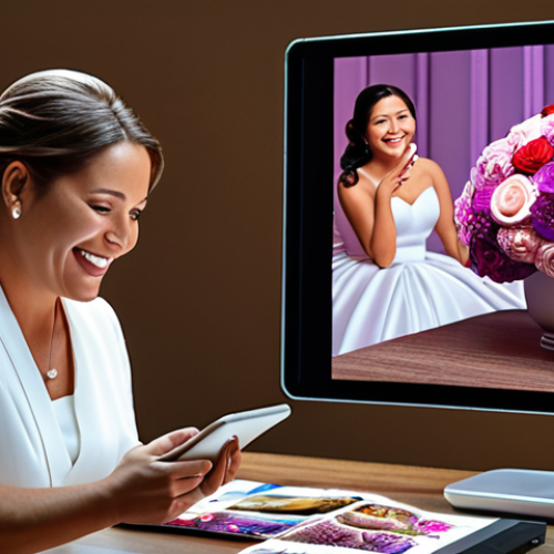 ** A vibrant 3D floral design rendering on a software interface, showcasing a wedding centerpiece with various lighting options. The scene includes a happy client looking at a tablet displaying the design, with the floral designer smiling beside them. Focus on modern technology meeting traditional floral artistry.

**