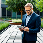 A professional landscape architect, dressed in modest business casual attire, stands thoughtfully in a modern, sustainable urban park. They hold a tablet displaying an advanced 3D garden design, with a subtle glow suggesting augmented reality or virtual reality integration. The background features elements of green infrastructure, such as permeable paving and native, drought-tolerant plants. The scene conveys innovation and environmental responsibility. Professional photography, high detail, perfect anatomy, correct proportions, well-formed hands, proper finger count, natural body proportions, safe for work, appropriate content, fully clothed, modest clothing, professional dress, family-friendly.