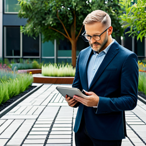 Home 18 A professional landscape architect, dressed in modest business casual attire, stands thoughtfully in a modern, sustainable urban park. They hold a tablet displaying an advanced 3D garden design, with a subtle glow suggesting augmented reality or virtual reality integration. The background features elements of green infrastructure, such as permeable paving and native, drought-tolerant plants. The scene conveys innovation and environmental responsibility. Professional photography, high detail, perfect anatomy, correct proportions, well-formed hands, proper finger count, natural body proportions, safe for work, appropriate content, fully clothed, modest clothing, professional dress, family-friendly.
