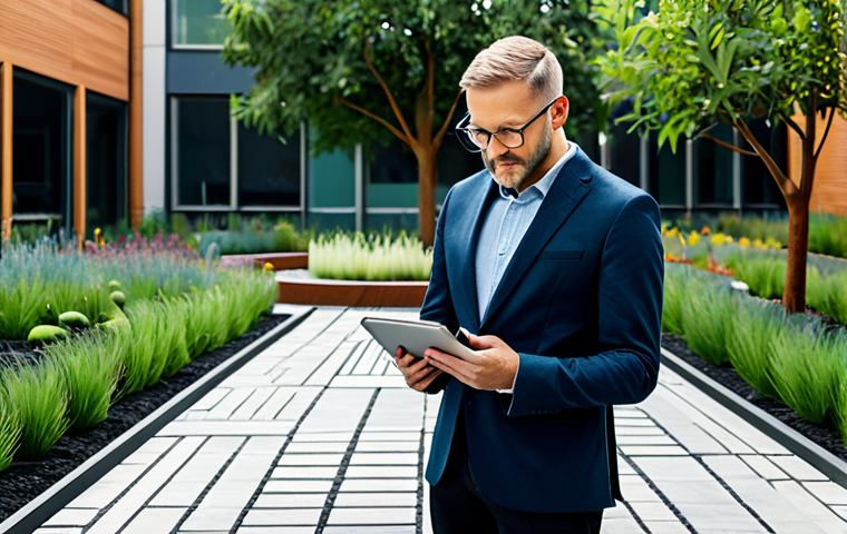 A professional landscape architect, dressed in modest business casual attire, stands thoughtfully in a modern, sustainable urban park. They hold a tablet displaying an advanced 3D garden design, with a subtle glow suggesting augmented reality or virtual reality integration. The background features elements of green infrastructure, such as permeable paving and native, drought-tolerant plants. The scene conveys innovation and environmental responsibility. Professional photography, high detail, perfect anatomy, correct proportions, well-formed hands, proper finger count, natural body proportions, safe for work, appropriate content, fully clothed, modest clothing, professional dress, family-friendly.