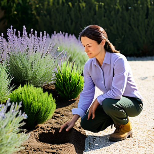Home 9 A professional garden designer in her mid-30s, wearing a modest, practical long-sleeved linen shirt, durable work trousers, and sturdy gardening boots. She is gently kneeling in a vibrant, sun-dappled Mediterranean garden, meticulously examining the soil and a native plant with a focused, thoughtful expression. In her other hand, she holds a digital tablet displaying a detailed garden plan. The background features lush lavender, rosemary, and small olive trees, with a modern, eco-friendly building facade in the distance. Professional photography, hyperrealistic, detailed textures, soft natural lighting, safe for work, appropriate content, fully clothed, professional, perfect anatomy, correct proportions, natural body proportions, well-formed hands, proper finger count.